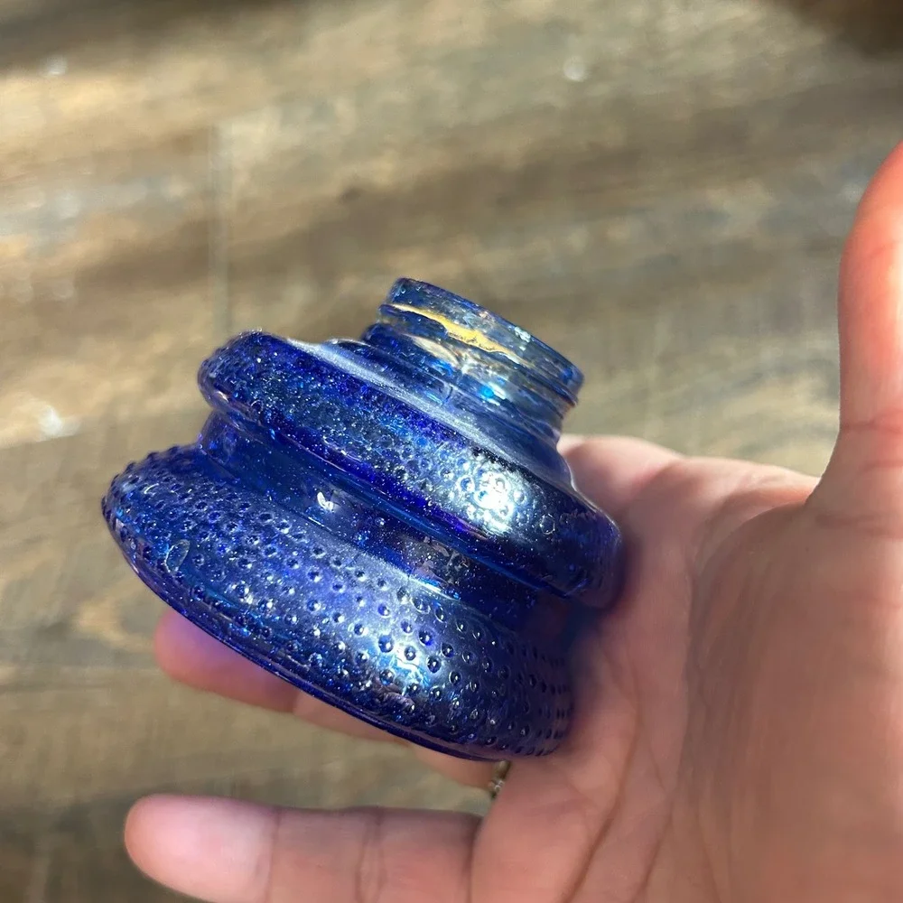 Vintage Cobalt Blue Glass Miniature Oil Lamp Hobnail Base Ruffled Chimney 6 inch